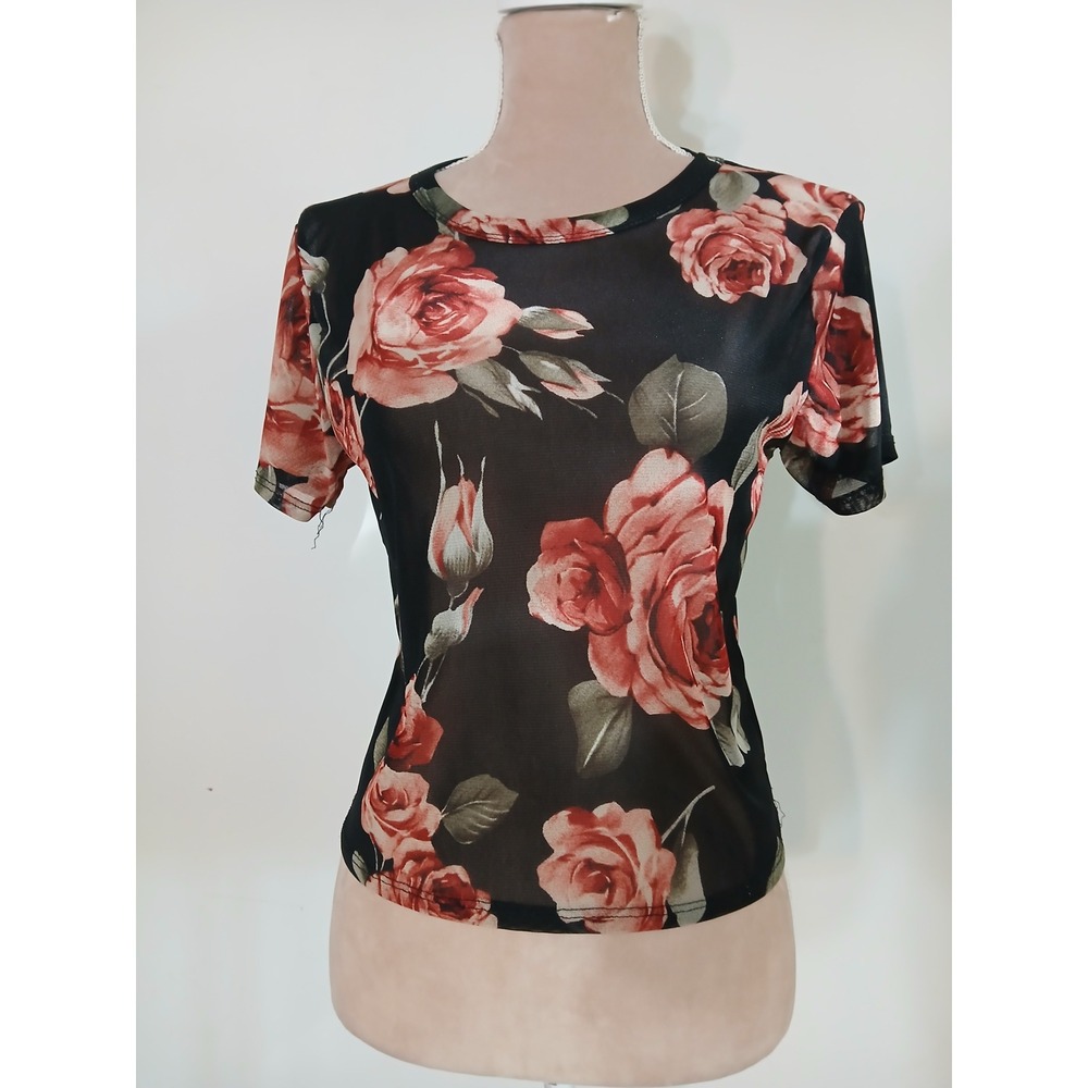 Ginger G Large Womens Black Red Rose Sheer Mesh Short Sleeve Top Dark Floral